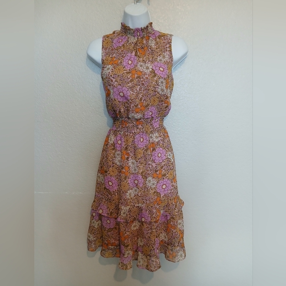 Emma & Michele Lavender Ruffle Floral Halter Sleeveless Smocked Midi Dress